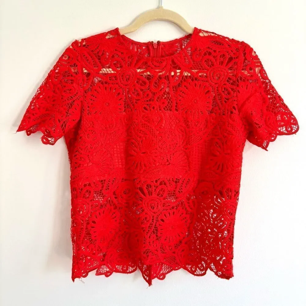 Karina Grimaldi Lace Blouse – Red, Short Sleeve, Scalloped Hem, Size Small